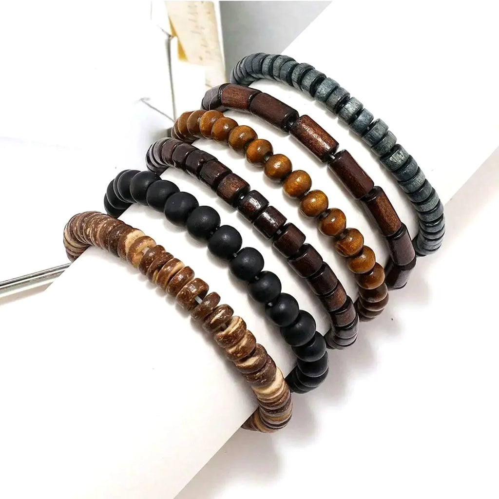 6PCS  Wodeen Braided Wrap Leather Bracelet for Men Vintage Life Wood Beads Fashion Male Armband