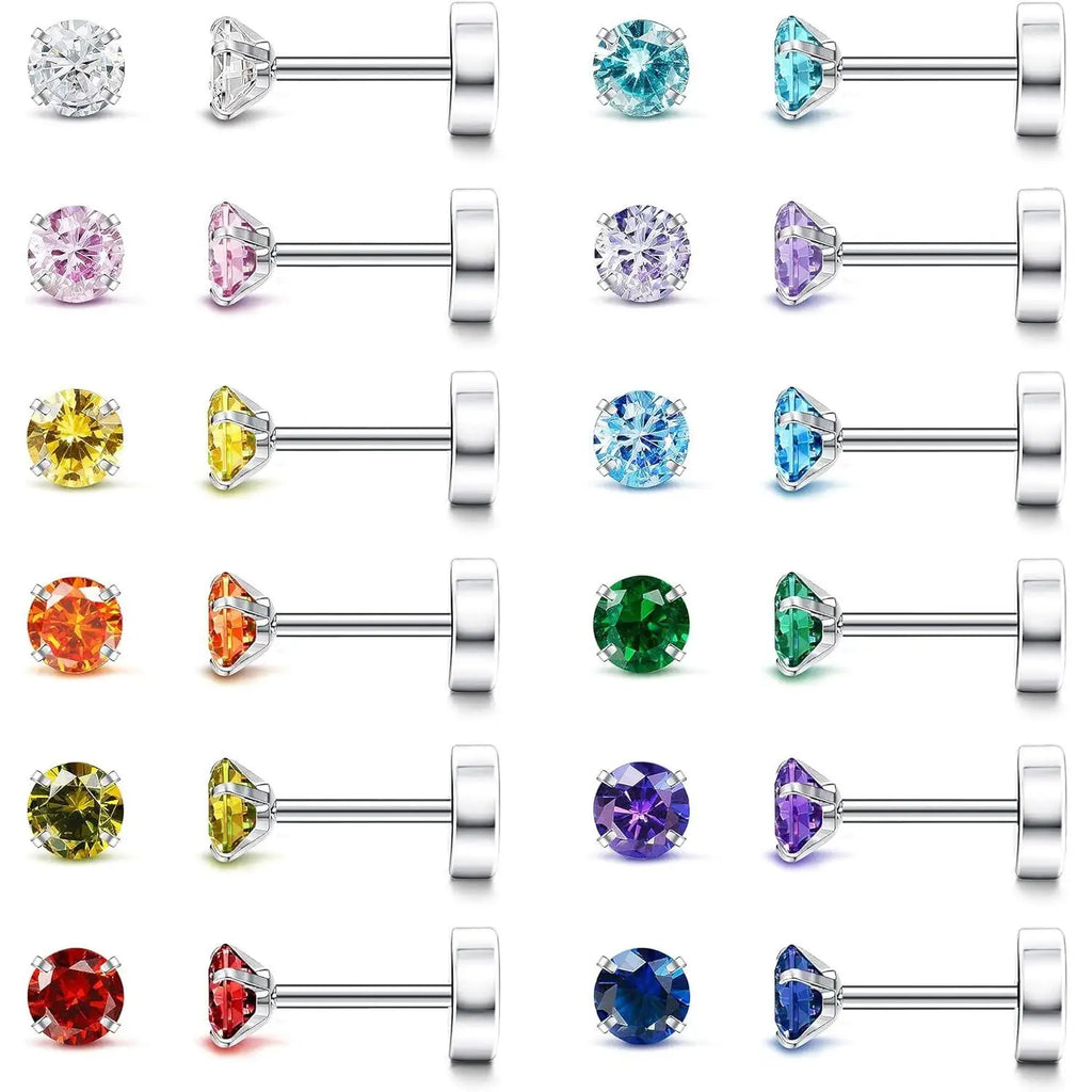 20G Hypoallergenic Flat Back Earrings for Women Men Silver Plated14K Gold-plated Stainless Steel Stud Earrings Brithstone Cubic Zirconia Studs Surgical Steel Cartilage Earrings for Sensitive Ears