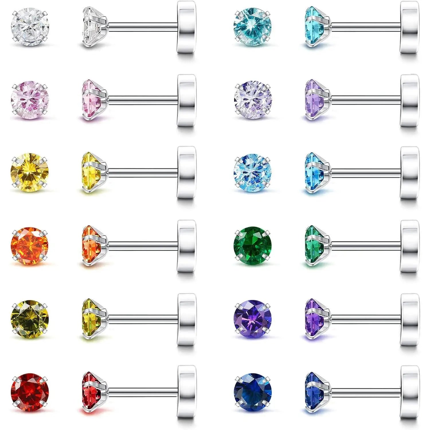 20G Hypoallergenic Flat Back Earrings for Women Men Silver Plated14K Gold-plated Stainless Steel Stud Earrings Brithstone Cubic Zirconia Studs Surgical Steel Cartilage Earrings for Sensitive Ears