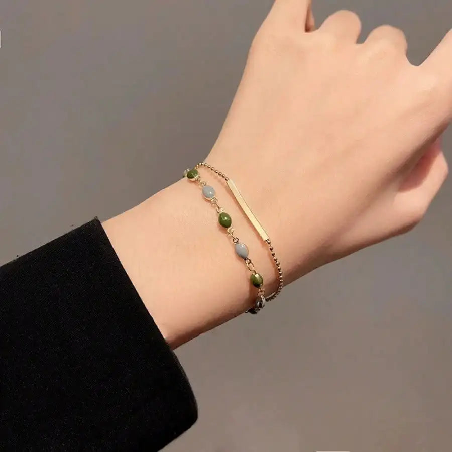 Gold Plated Green Stone Bead Bracelet Women Layered Bar Charm Bangle Minimalist Daily Party Jewelry mbzr