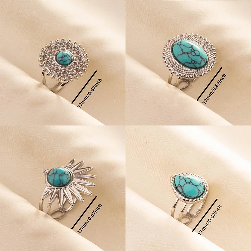 1pc Stainless Steel Boho Turquoise Open Finger Rings Trendy Adjustable Women Multi Layers Stackable