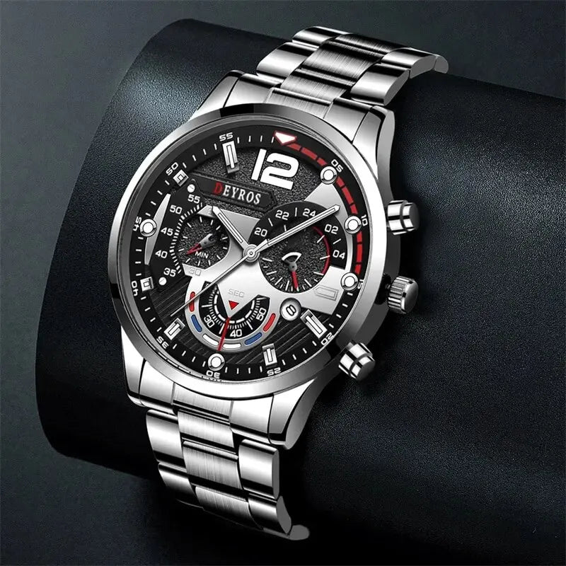 2pcs Luxury Mens Silver Quartz Watch With Stainless Steel Bracelet Men Fashion Business Casual Watch Luminous Clock mbzr