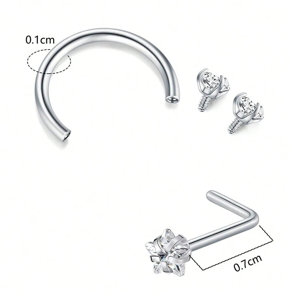 6/2pcs Horseshoe Nose Rings With L-Shape Nose Stud, Stainless Steel Rianbow CZ Nose Ring,, Lip Eyebrow Helix Ear Piercing mbzr