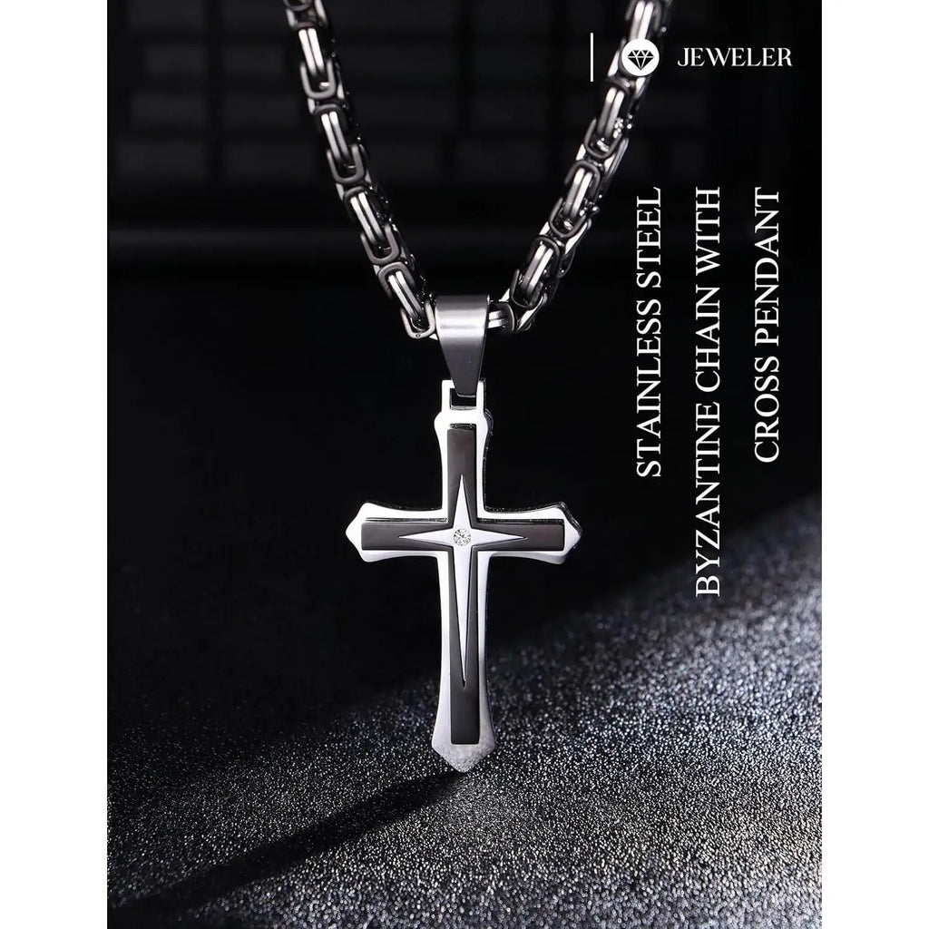 Black 14K Gold Plated Cross Necklace for Men Stainless Steel Byzantine Chain With Cross Pendant Necklace Mens Gifts 22-30Inch
