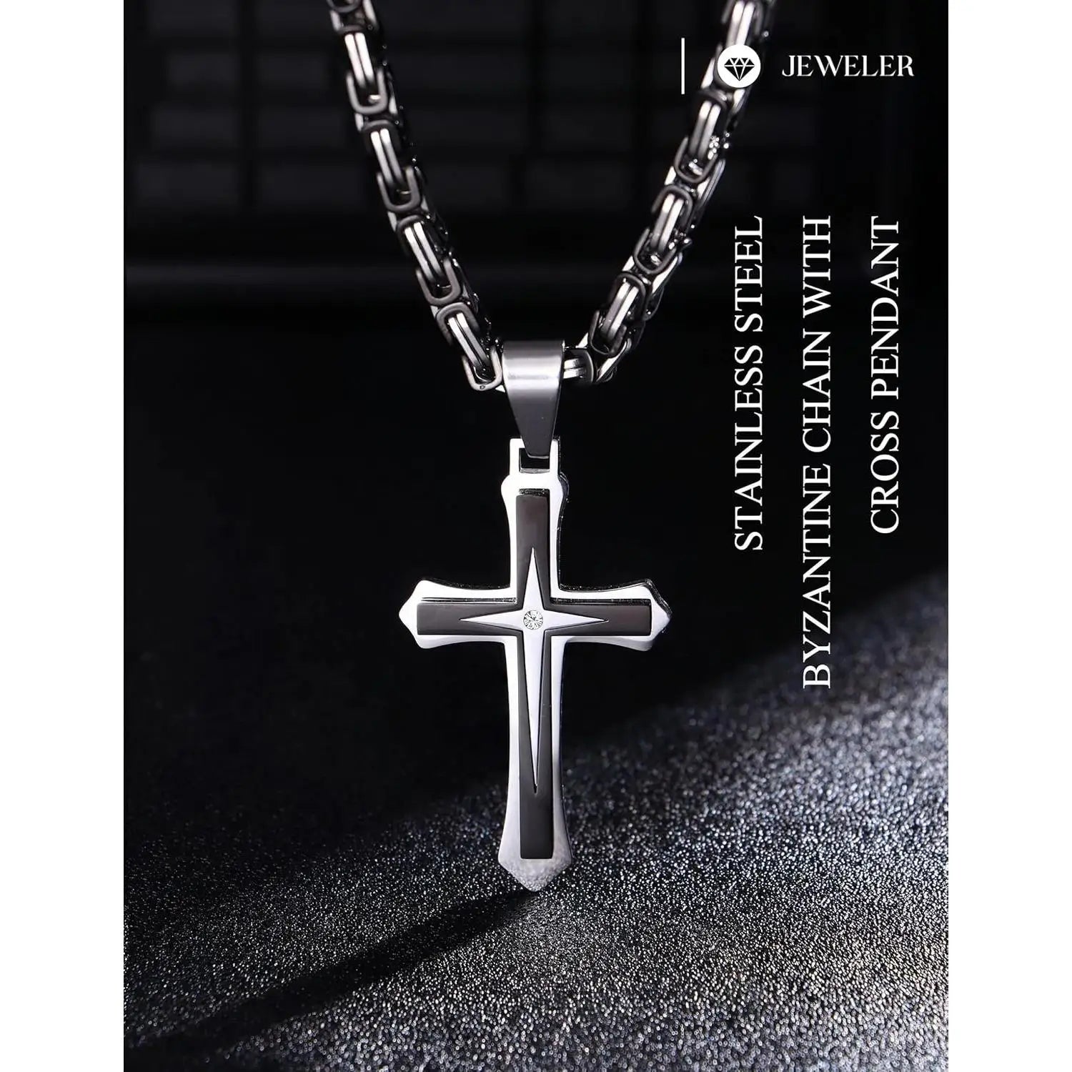 Black 14K Gold Plated Cross Necklace for Men Stainless Steel Byzantine Chain With Cross Pendant Necklace Mens Gifts 22-30Inch