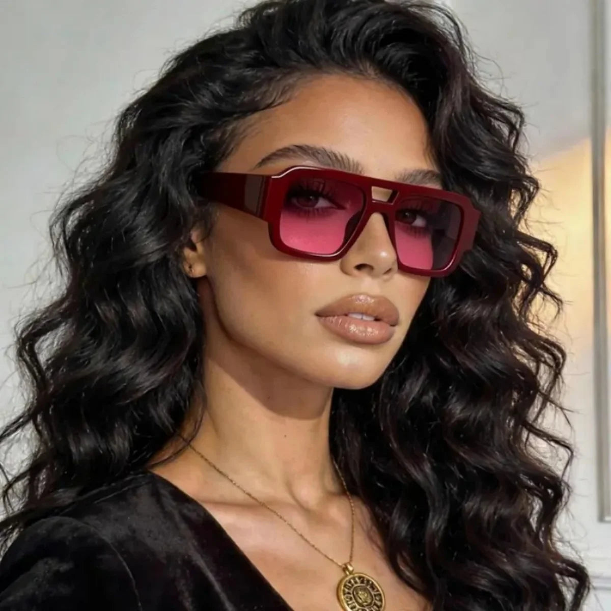 Retro Square Aviator Sunglasses — Burgundy Frames with a Cutout Bridge Design mbzr