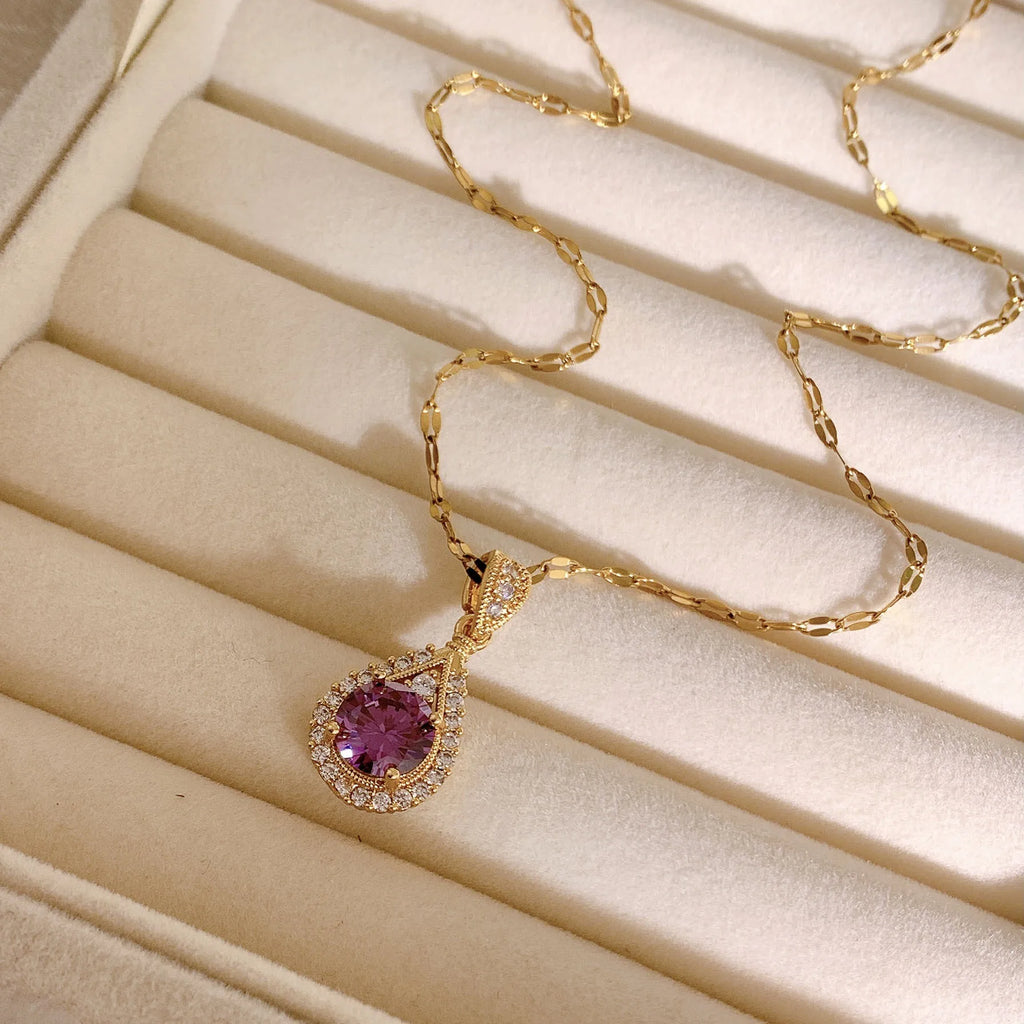 Romantic Vintage Teardrop Necklace, Round Purple Stone Halo Setting Gold Plated Pendant Necklace, Elegant Party Aesthetic Neck Jewelry