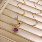 Romantic Vintage Teardrop Necklace, Round Purple Stone Halo Setting Gold Plated Pendant Necklace, Elegant Party Aesthetic Neck Jewelry