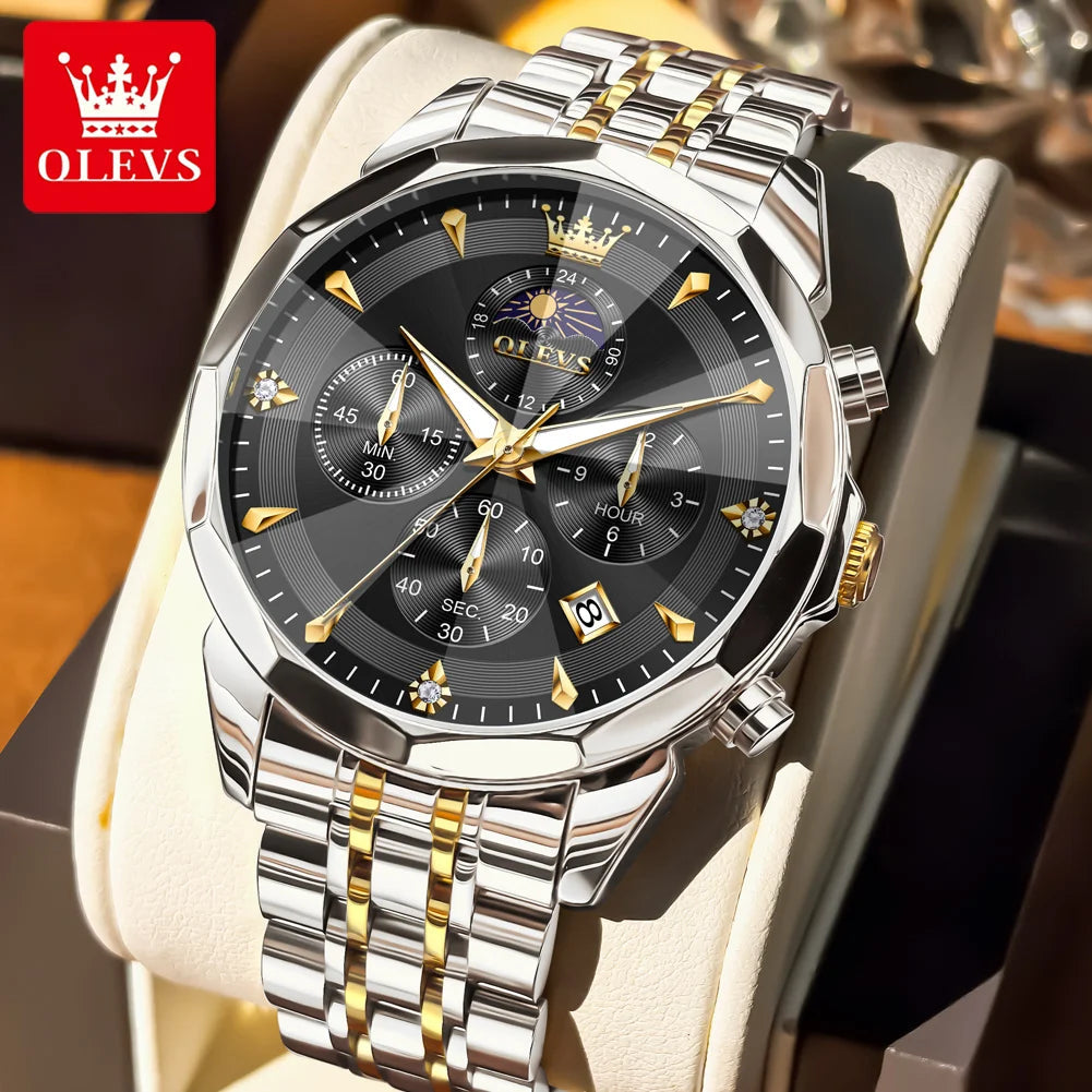 OLEVS 3673 Original Fashion Moon Phase Men's Watches Waterproof Chronograph Quartz Watch Stainless steel Calendar Wristwatch mbzr