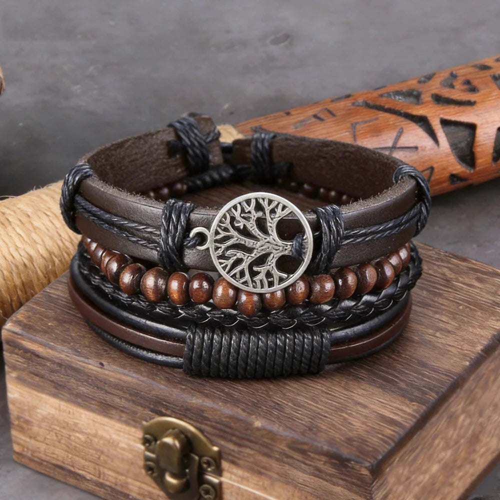 4 in 1 Braided Wrap Leather Bracelets for Men Vintage Life Tree Rudder Charm Wood Beads Ethnic Tribal Wristbands