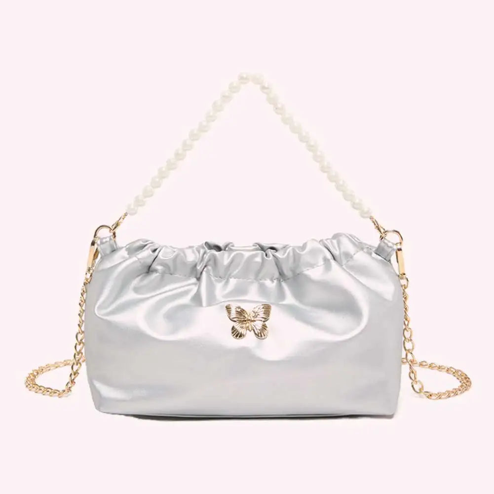 Women PU Butterfly Handbag Fashion Shoulder Bag Pearl & Chain Strap Stylish Messenger Bag Solid Color for Party Vacation