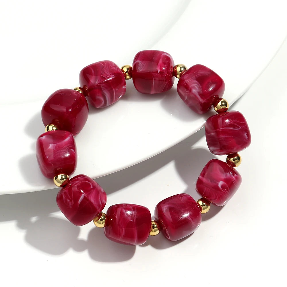 Exaggerated Geometric Beaded Acrylic Elastic Bracelets for Women Men Boho Trendy Square Beads Stack Bangle Retro Jewelry Gift mbzr