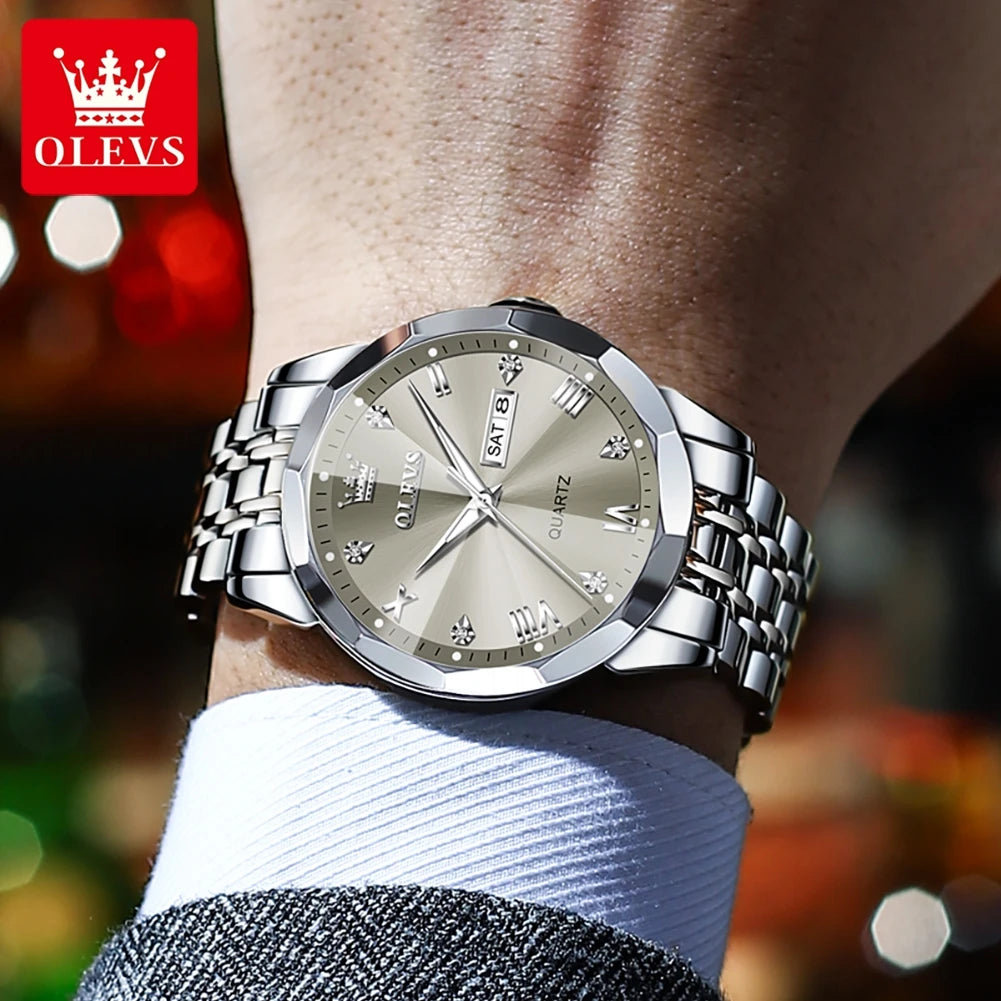 OLEVS 9931 Brand Original Authentic Watches for Man Luxury Gift Box Steel Belt Double Calendar Quartz Female and Male Expression Couple Models