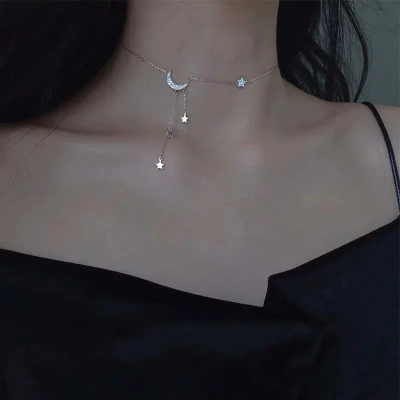 Fashion Necklace Star Moon Tassel Pendant Rhinestones Clavicle Chain Choker Collares Wedding Jewelry Accessories for Women