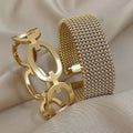 Vintage Y2K Stainless Steel Wide Weave Open Cuff Bangle Bracelet For Women New Hollow Waterproof Stackable Charms Jewelry