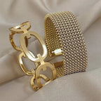 Vintage Y2K Stainless Steel Wide Weave Open Cuff Bangle Bracelet For Women New Hollow Waterproof Stackable Charms Jewelry