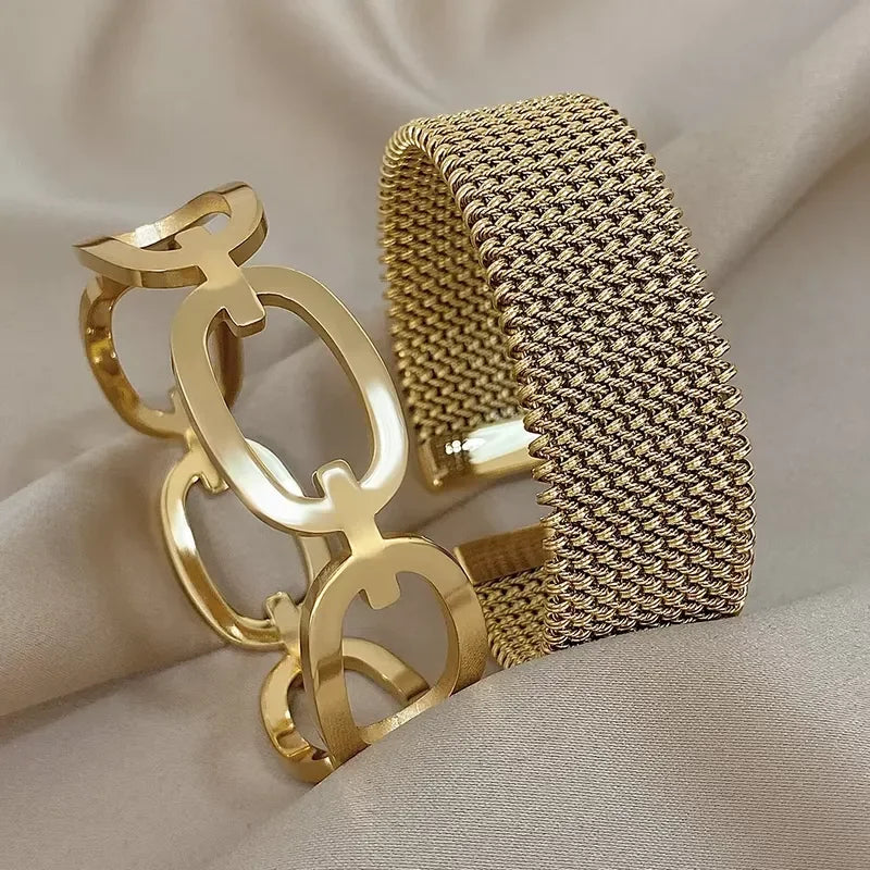Vintage Y2K Stainless Steel Wide Weave Open Cuff Bangle Bracelet For Women New Hollow Waterproof Stackable Charms Jewelry