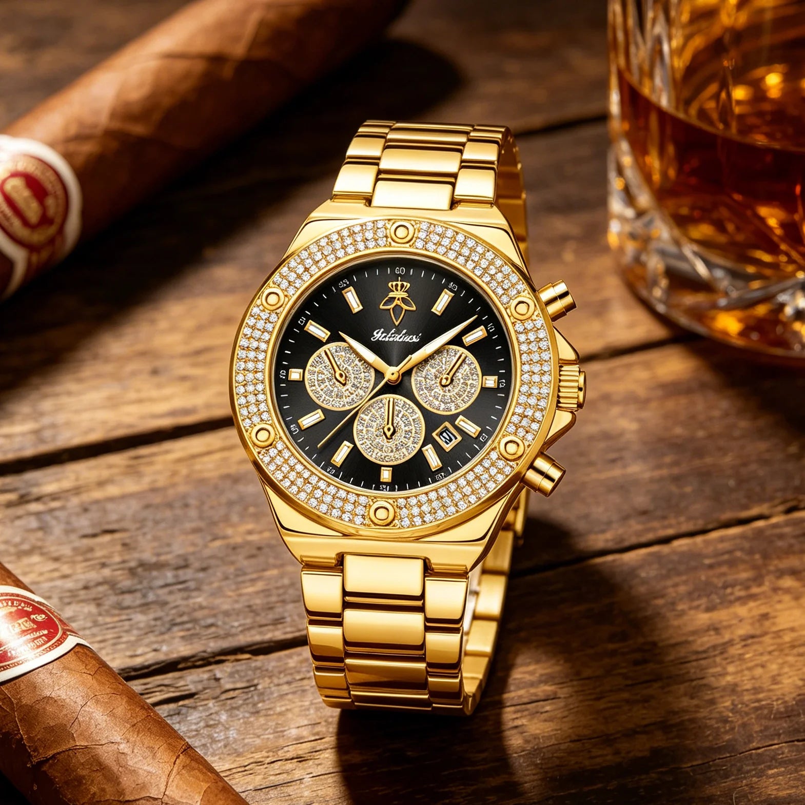 YaLaLuSi Men Women Fashion Watch, Waterproof Sports Bling Diamond Chronograph Wristwatch, Gold Band, Free Shipping