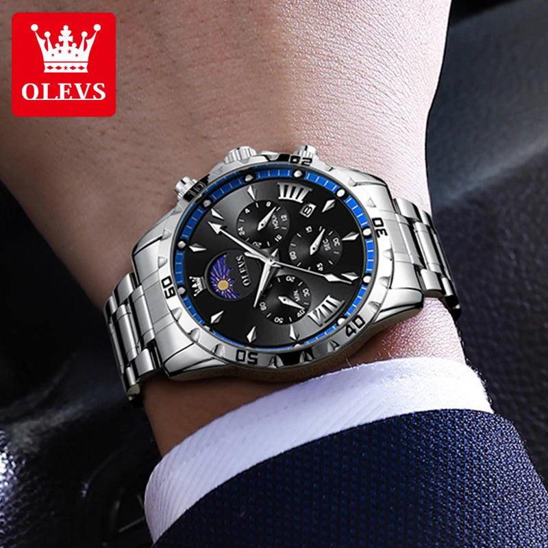 OLEVS Fashion Brand Men's Watch Waterproof and Luminous Calendar Lunar Phase Timing Code Watch Luxury Sports Men's Quartz Watch mbzr