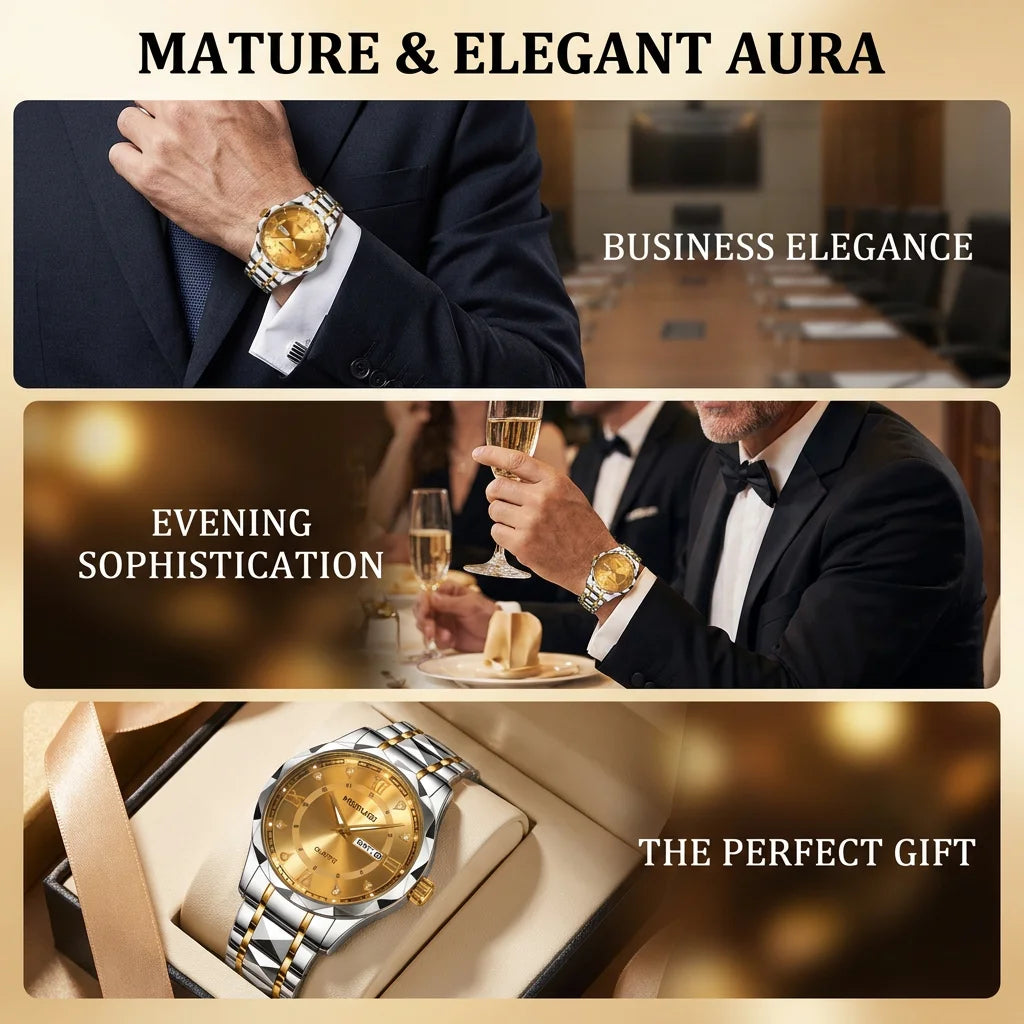 1pcs Men's Gold Alloy Band Luxury Business Calendar Quartz Watch for Party Holiday Gift mbzr