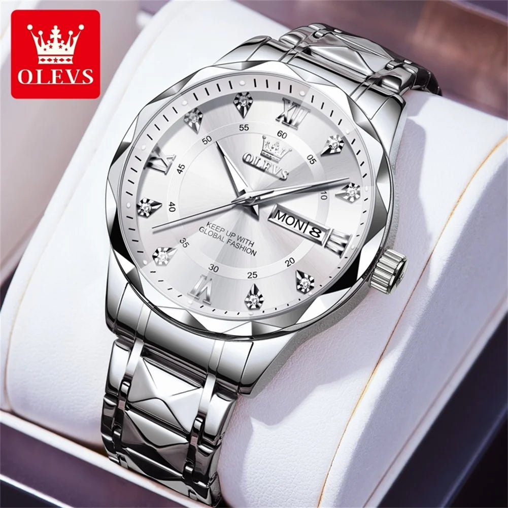 OLEVS 5609 Brand Original Quartz Movement Watch For Men Big Diamond Dual Calendar Dial Steel Bracelet HD Luminous Function 30m Waterproof Watch