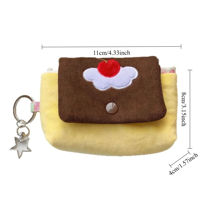Multifunctional Small Pouch for Girls Cute Cherry Pudding Plush Coin Purse Mini Cartoon Portable Wallet for Cards Earphones Case