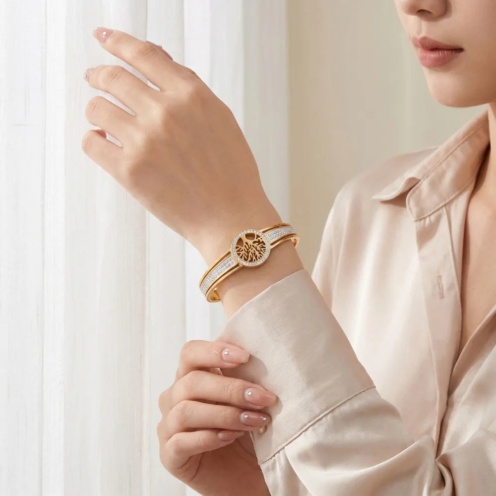 Tree Of Life Crystal Bangle For Women, Gold Stainless Steel Spring‑Open Bracelet, Waterproof Hypoallergenic Fade‑Resistant Inlay Crystal Statement Jewelry Gift