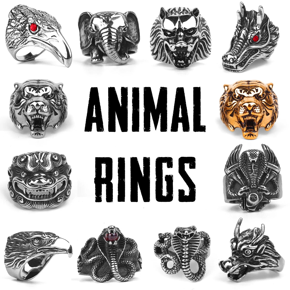 Stainless Steel Animal Rings Eagle Dog Dragon Bird Snake Hip Hop Trendy