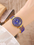 Luxury Blue Crystal Inlaid Alloy Womens Quartz Wristwatch With Bracelet Band mbzr