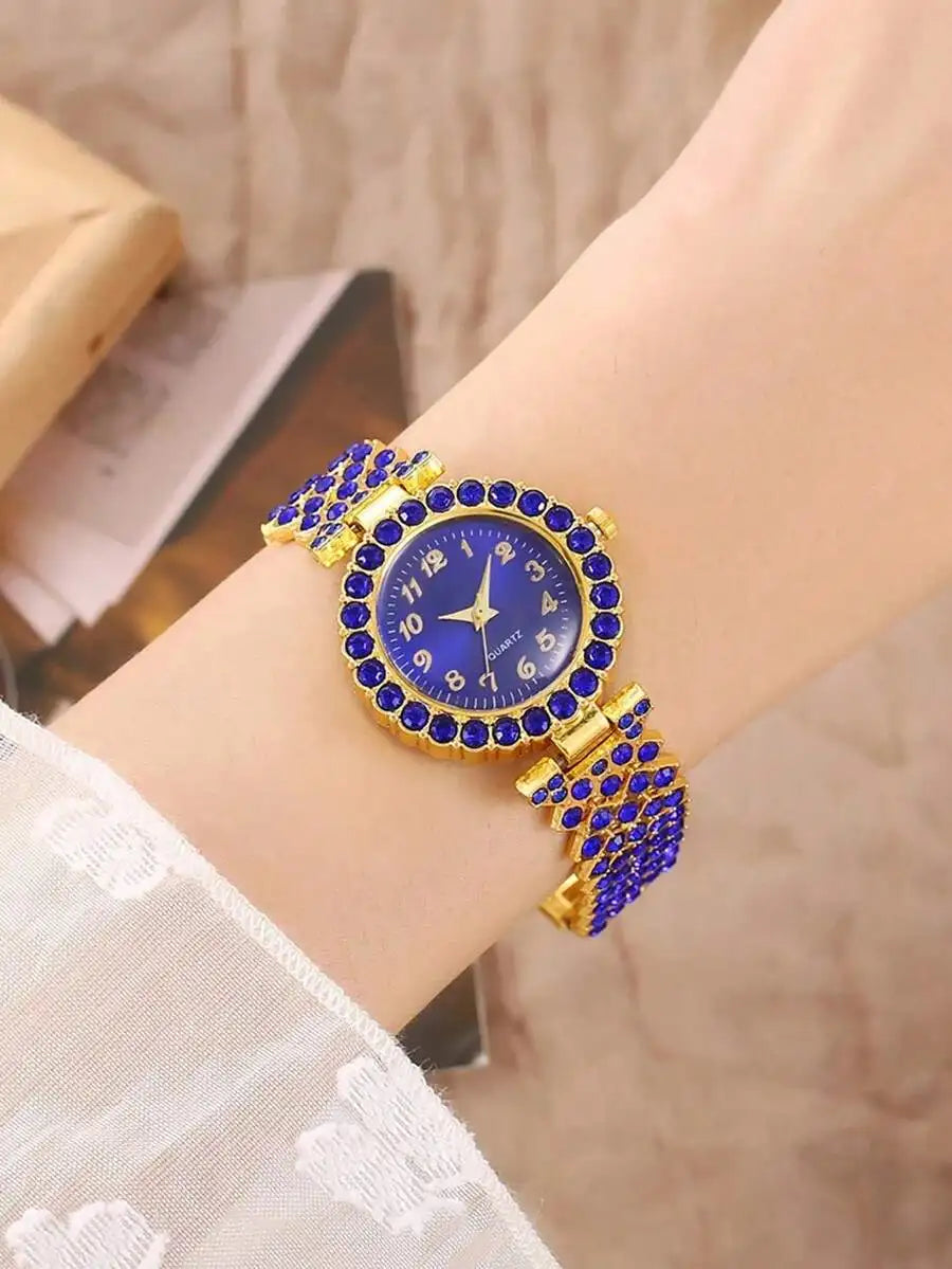 Luxury Blue Crystal Inlaid Alloy Womens Quartz Wristwatch With Bracelet Band mbzr
