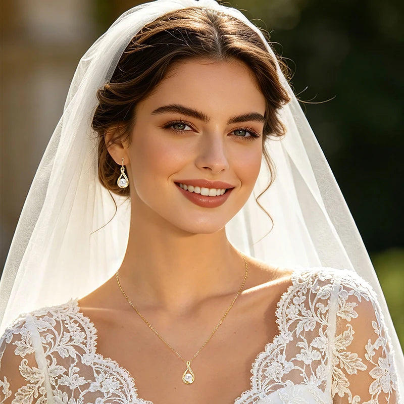 OXTAO 8-9mm Pearl Necklace& Earring Jewelry Set 14K Gold Filled Moissanite Infinity Charm Necklaces Wedding Promise Band Jewelry