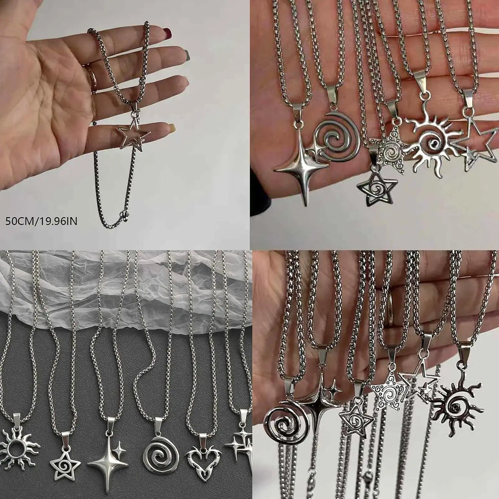 6PCS Y2K Necklace Grunge Jewelry Set for Women, Silver Vintage Punk Emo Necklace Alt Jewelry Star Sun Pentagram Spiral Necklace, Stainless Steel Punk Alt Alternative Jewelries Emo Gothic Accessories.