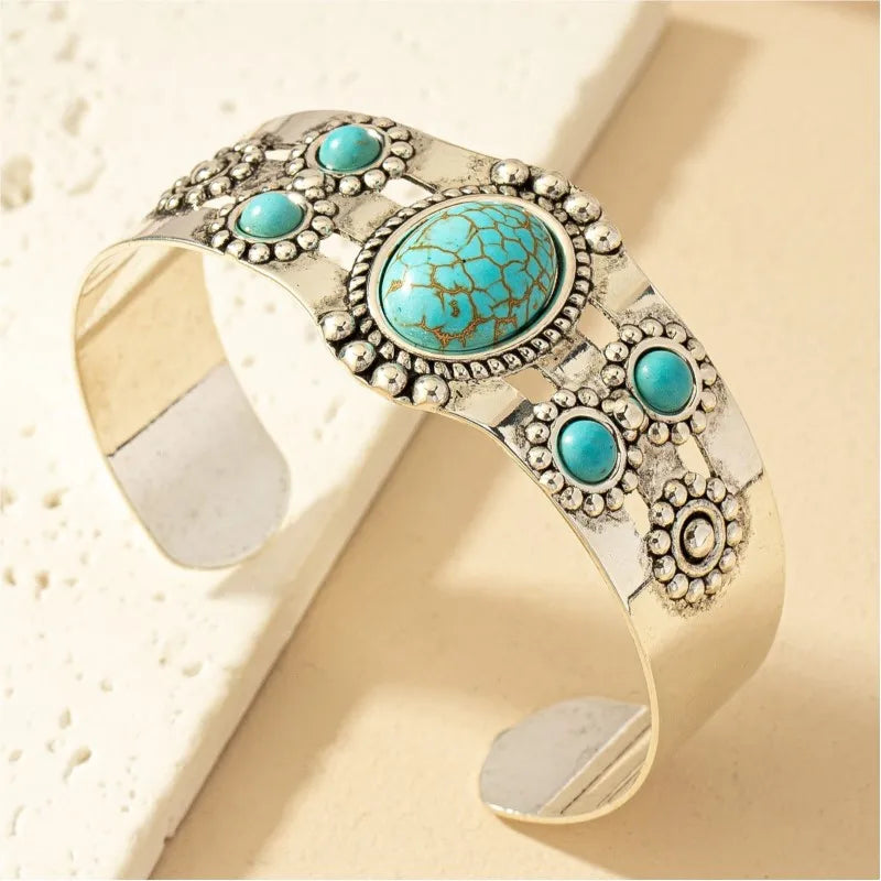 Vintage Bohemian Style Artificial Inlaid Turquoise Cuff Bangle Personality Creative Design Bangles