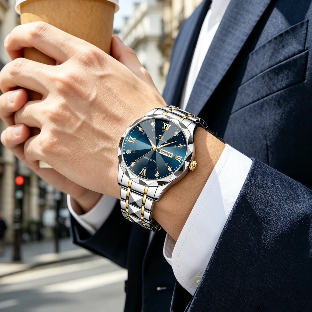 1 Set Mens Watches Local Shipping Luxury style 41mm Blue Dial Rhinestone Scale Calendar & Week Quartz Movement Men's Clock Stainless Steel Gradient Gold Strap Business Watch Men mbzr