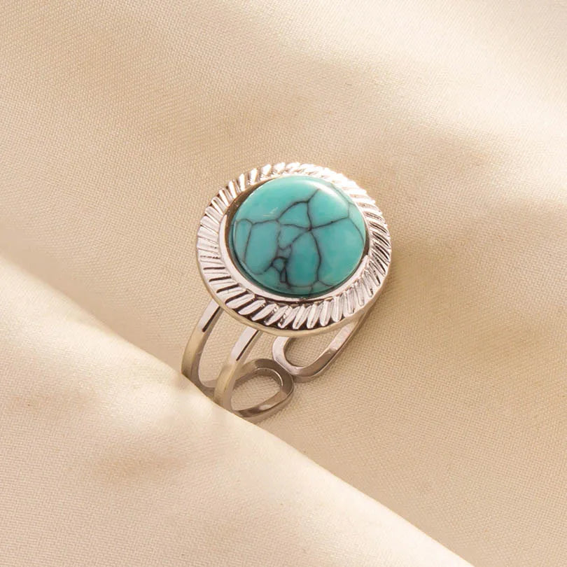 1pc Stainless Steel Boho Turquoise Open Finger Rings Trendy Adjustable Women Multi Layers Stackable