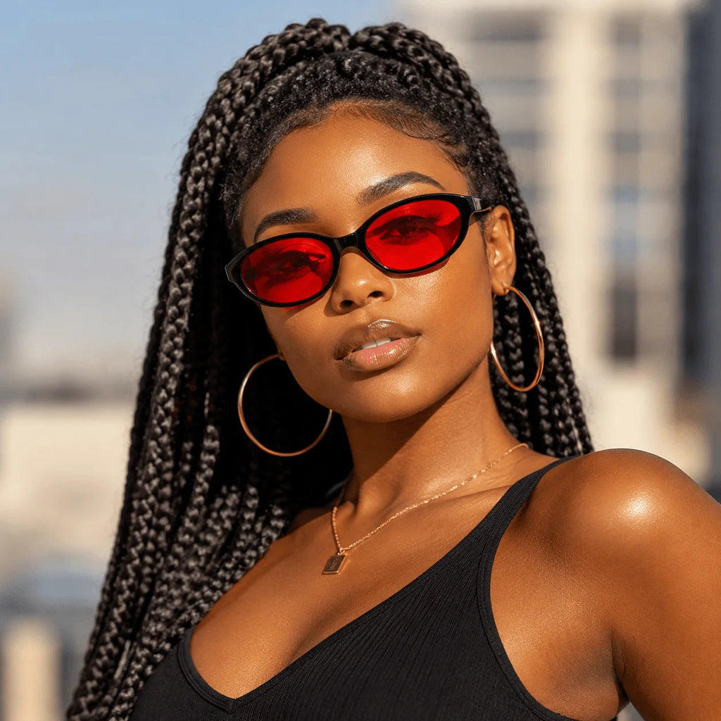 Pair Of Women's Retro Oval Fashion Glasses, Classic Glossy Black Frame With Bright Red Tinted Lens, Full Rim Minimalist Design With Smooth Temples, Sleek Statement Eyewear, Suitable For Daily Wear, Street Style, Travel, Parti mbzr