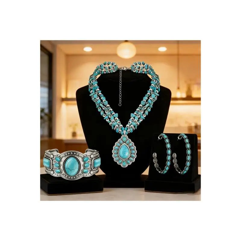 Women's Three-Piece Bohemian Jewelry Set, including a long necklace with Bohemian pendant, stackable bracelets and drop earrings mbzr