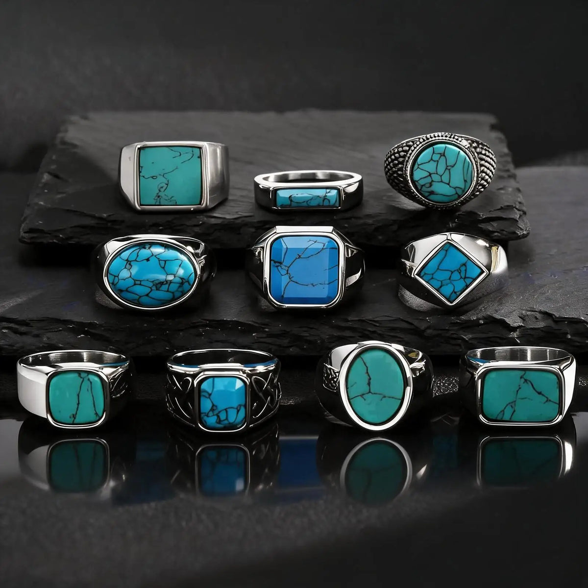 Vintage Stylish Natural Stone Turquoise Ring Waterproof Stainless Steel Signet Ring Vintage