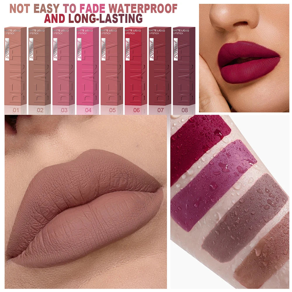 8pcs/set Matte Velvet Lip Gloss Lipstick Lip Stain Waterproof Non-transfer Highly Pigmented Nude Red Y2K Sexy Daily&Party Makeup mbzr