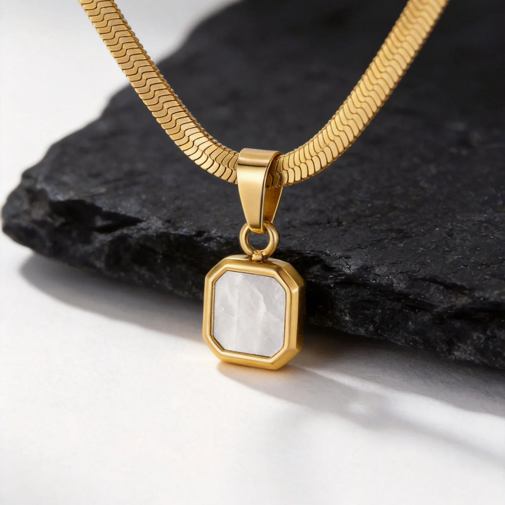 Vnox Geometric Square Natural Stone Pendant Necklace for Men, Gold Silver Color Stainless Steel Blade Chain, Trendy Jewelry Gift
