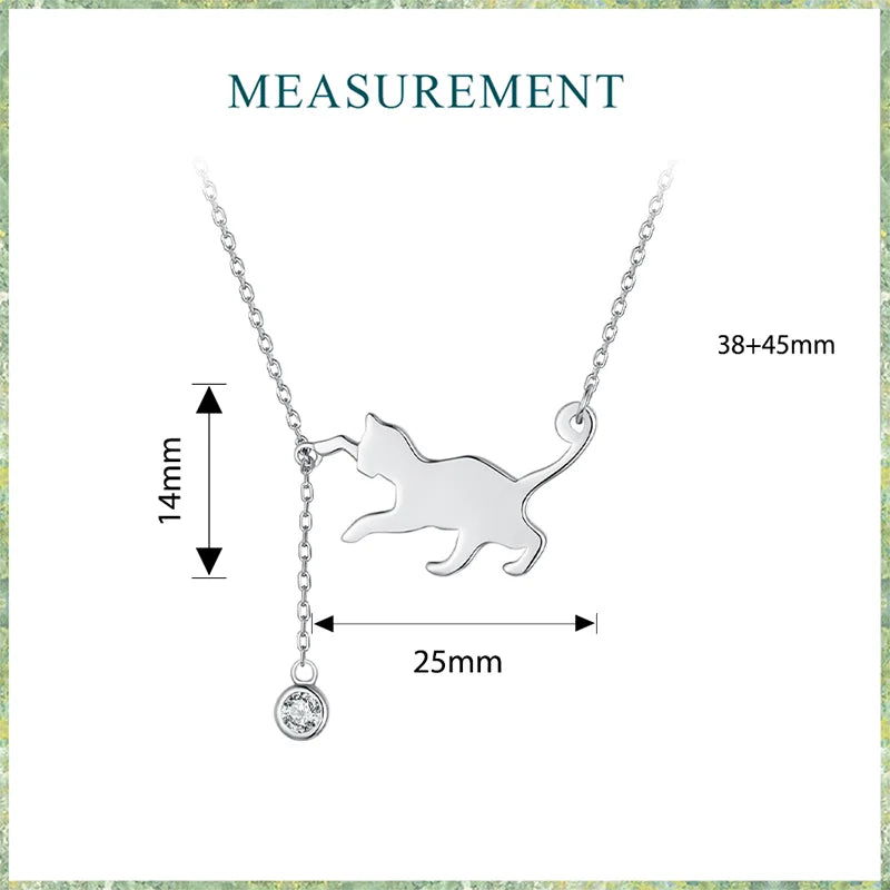 WOSTU 100% 925 Sterling Silver Playful Cat Pet Chains Pendant Necklace For Women Luxury Brand Jewelry