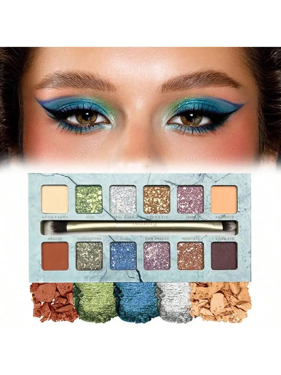 12-color eyeshadow palette, mirror packaging, pearlescent shimmer, stage makeup effect, long-lasting, easy to apply, waterproof mbzr