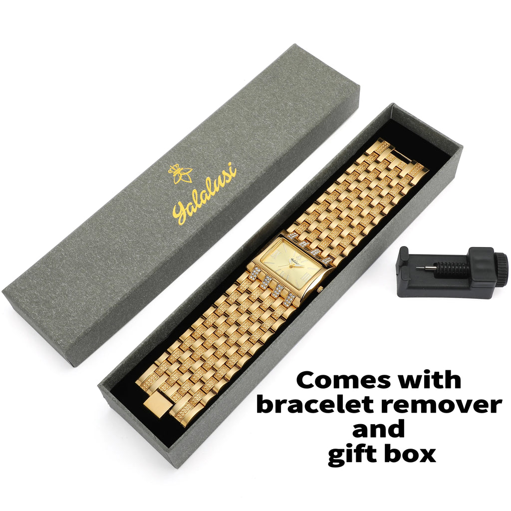 YaLaLuSi Full Rhinestone Square Ladies Watch Silver Metal Strap Gold Roman Dial Luxury Women Quartz Dress Watch