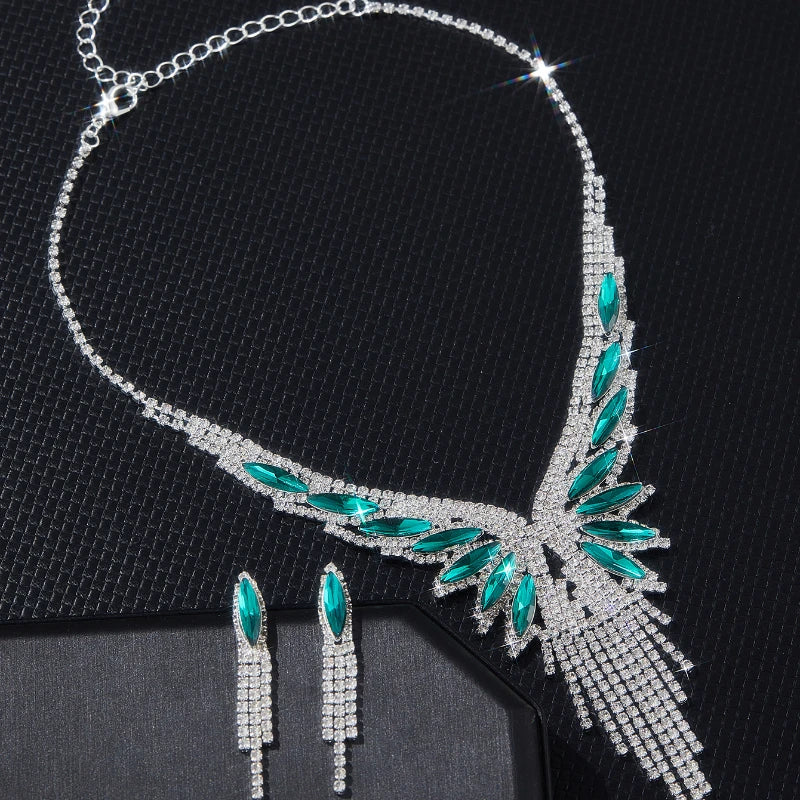 3pc Luxury Green CZ Wing Tassel Necklace Earrings Set for Women Silver Color Crystal Bridal Jewelry Set Wedding Party Prom Gift