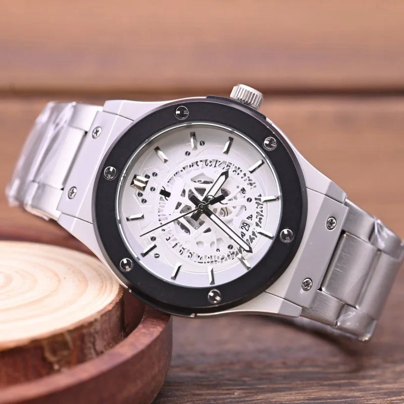 Fashion Luxury‑Style Mens Quartz Wristwatch Hollow‑Cut Dial Alloy Case Metal Strap Date Display Daily‑Waterproof Casual Sports Watch for Men