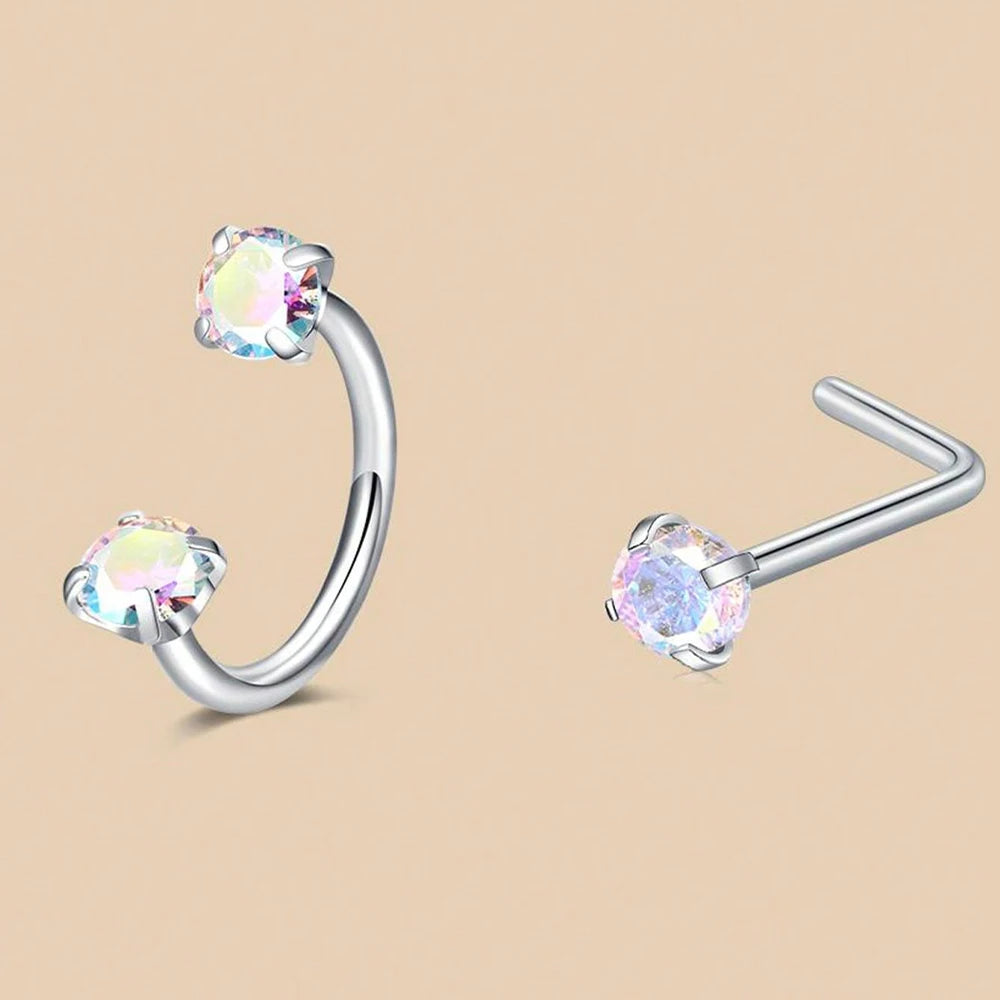 6/2pcs Horseshoe Nose Rings With L-Shape Nose Stud, Stainless Steel Rianbow CZ Nose Ring,, Lip Eyebrow Helix Ear Piercing mbzr