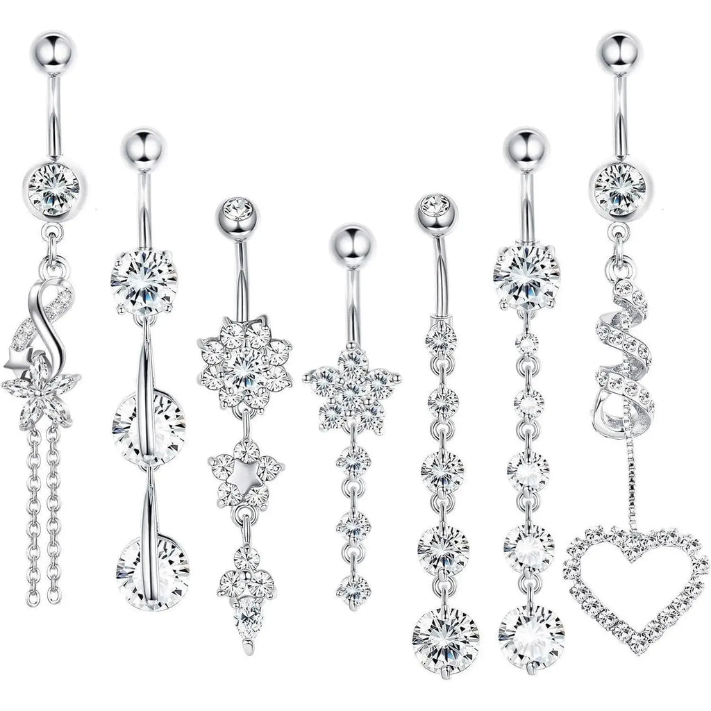 7 Pcs 14G Dangle Belly Button Rings for Women 316L Surgical Steel Curved Navel Barbell Body Jewelry Piercing