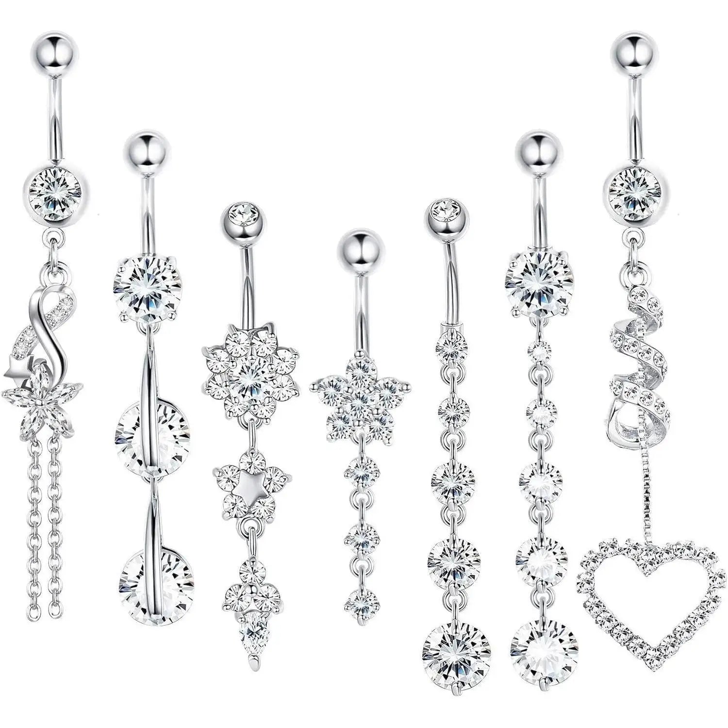 7 Pcs 14G Dangle Belly Button Rings for Women 316L Surgical Steel Curved Navel Barbell Body Jewelry Piercing