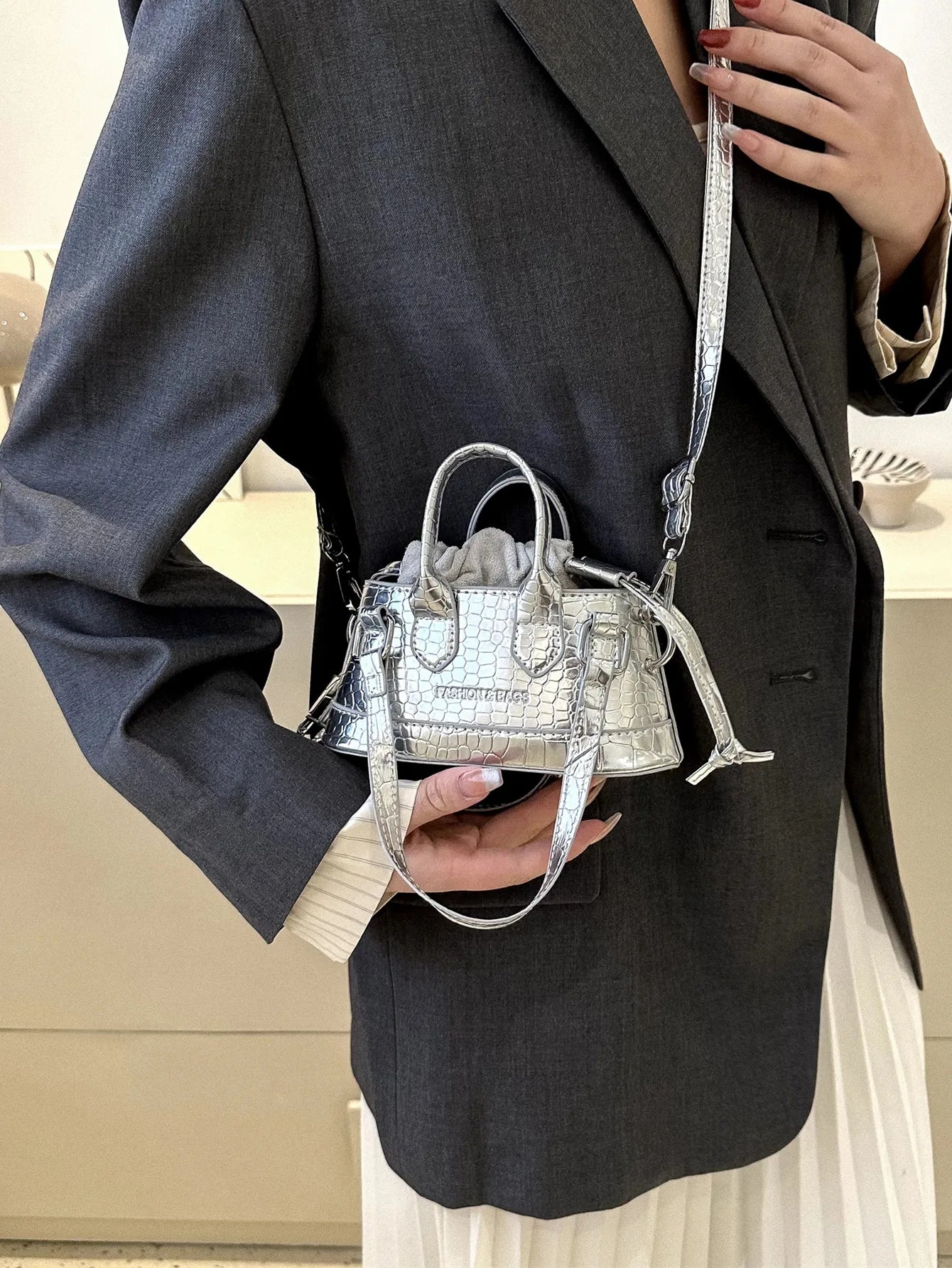 Mini Silver Croc-Embossed Top Handle Bag with Drawstring Closure