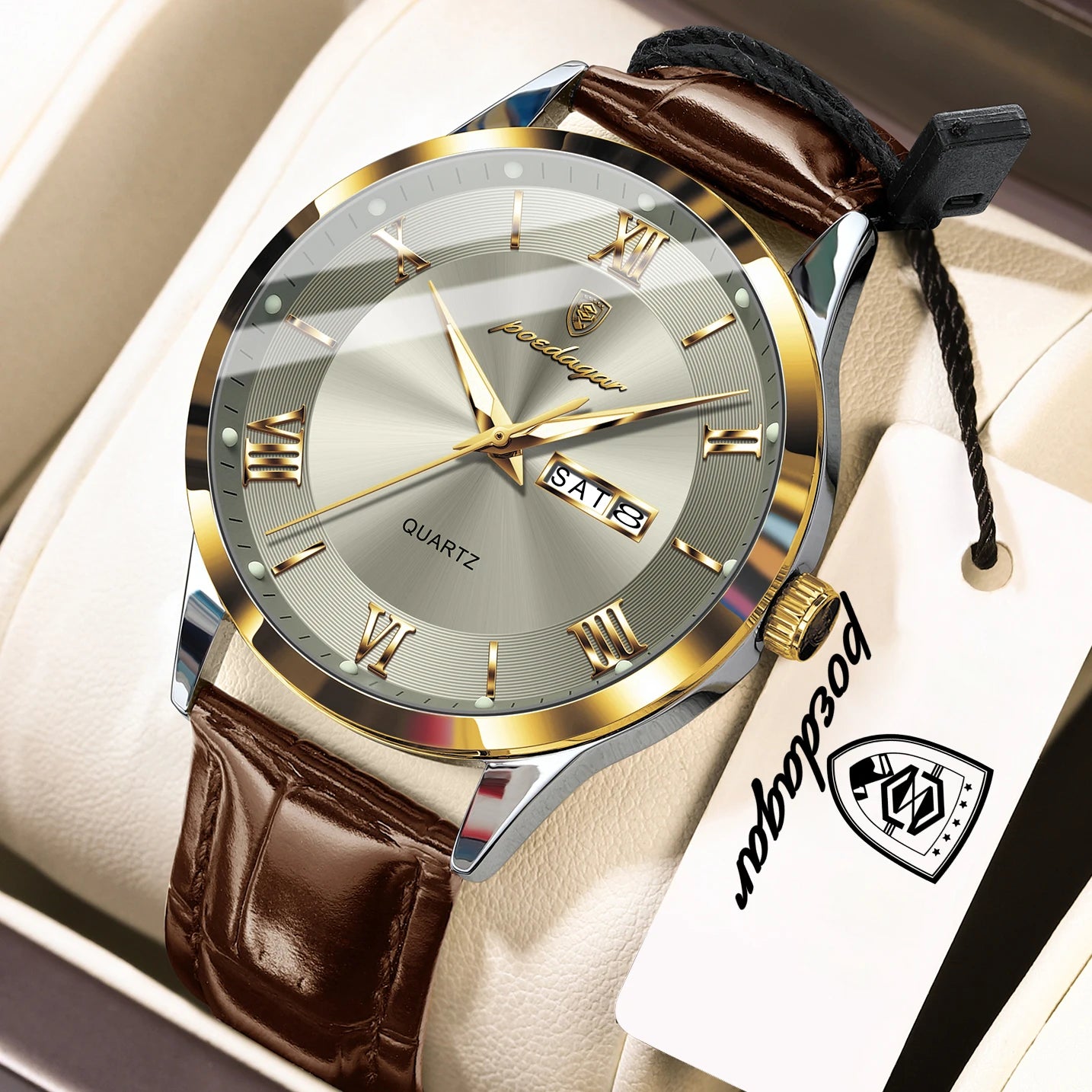 POEDAGAR Original Fashion Men's Watches Leather Date Week High Quality Quartz Men Wristwatch Waterproof Luminous Business Watches For Man Male Reloj
